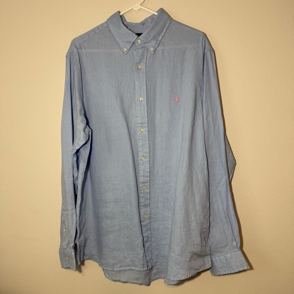 Ralph Lauren Linen Light Blue Button Up Shirt With Pink Emblem Men’s Size XL - Picture 2 of 6